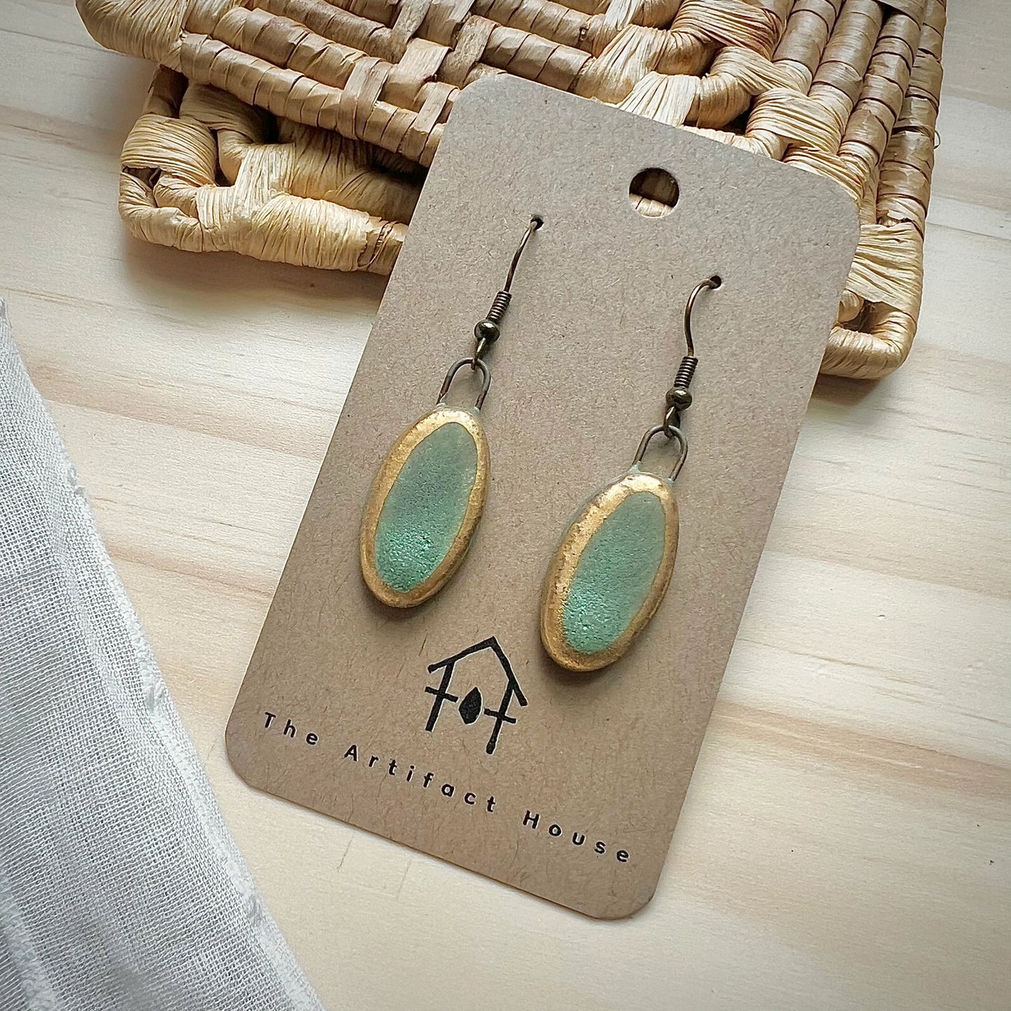 Matte Turquoise Oval w Painted Gold
